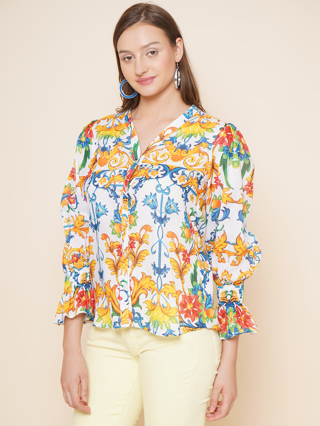 Bhama Couture Off White Multi Printed Shirt Style Top