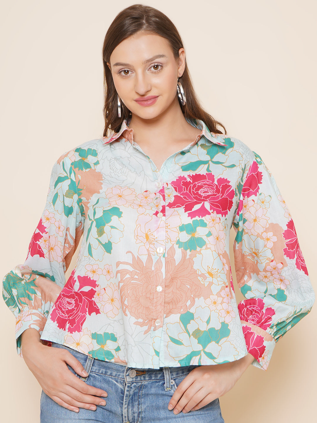 Bhama Couture Sea Green Multi Printed Shirt Style Top