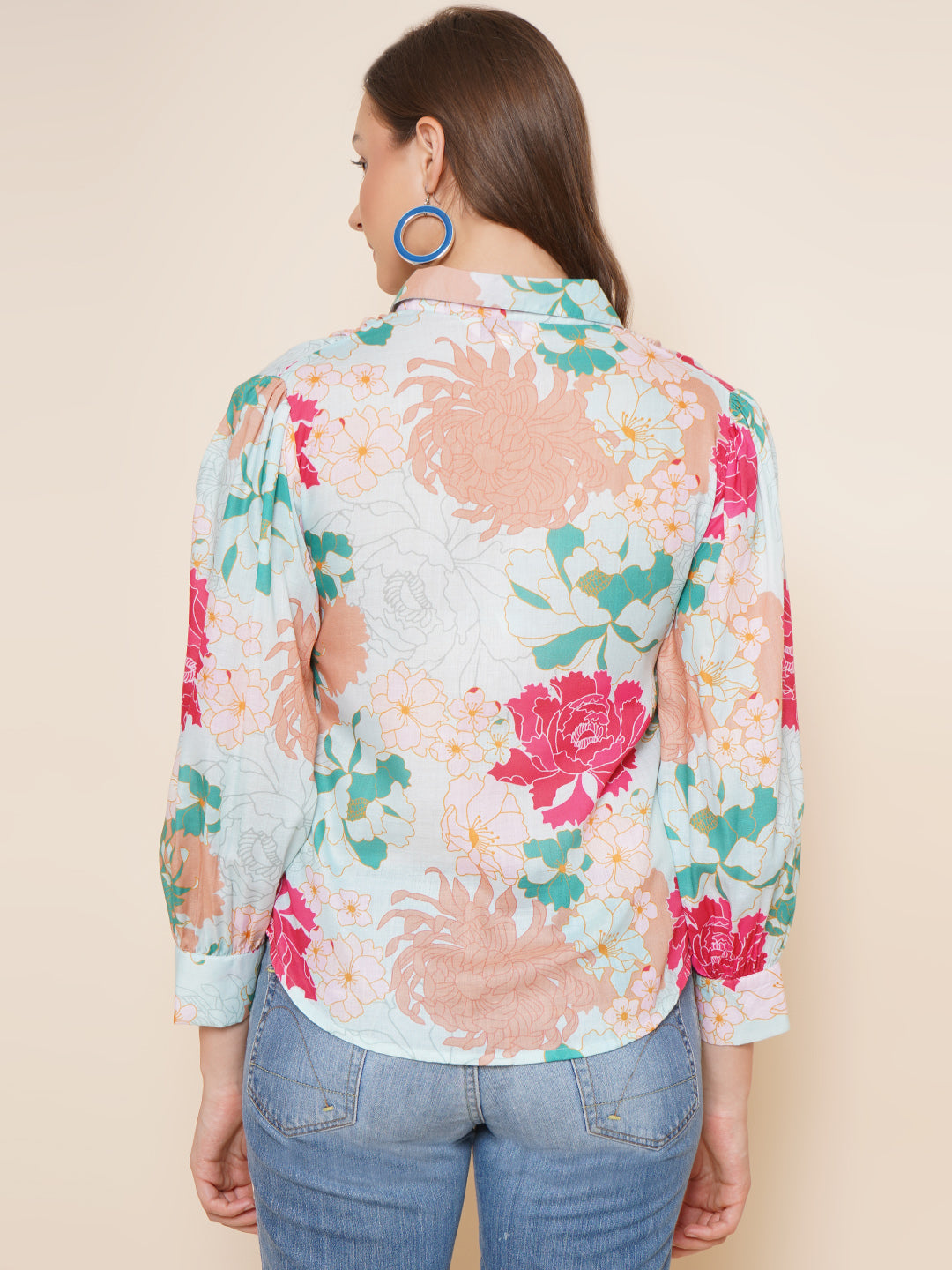 Bhama Couture Sea Green Multi Printed Shirt Style Top