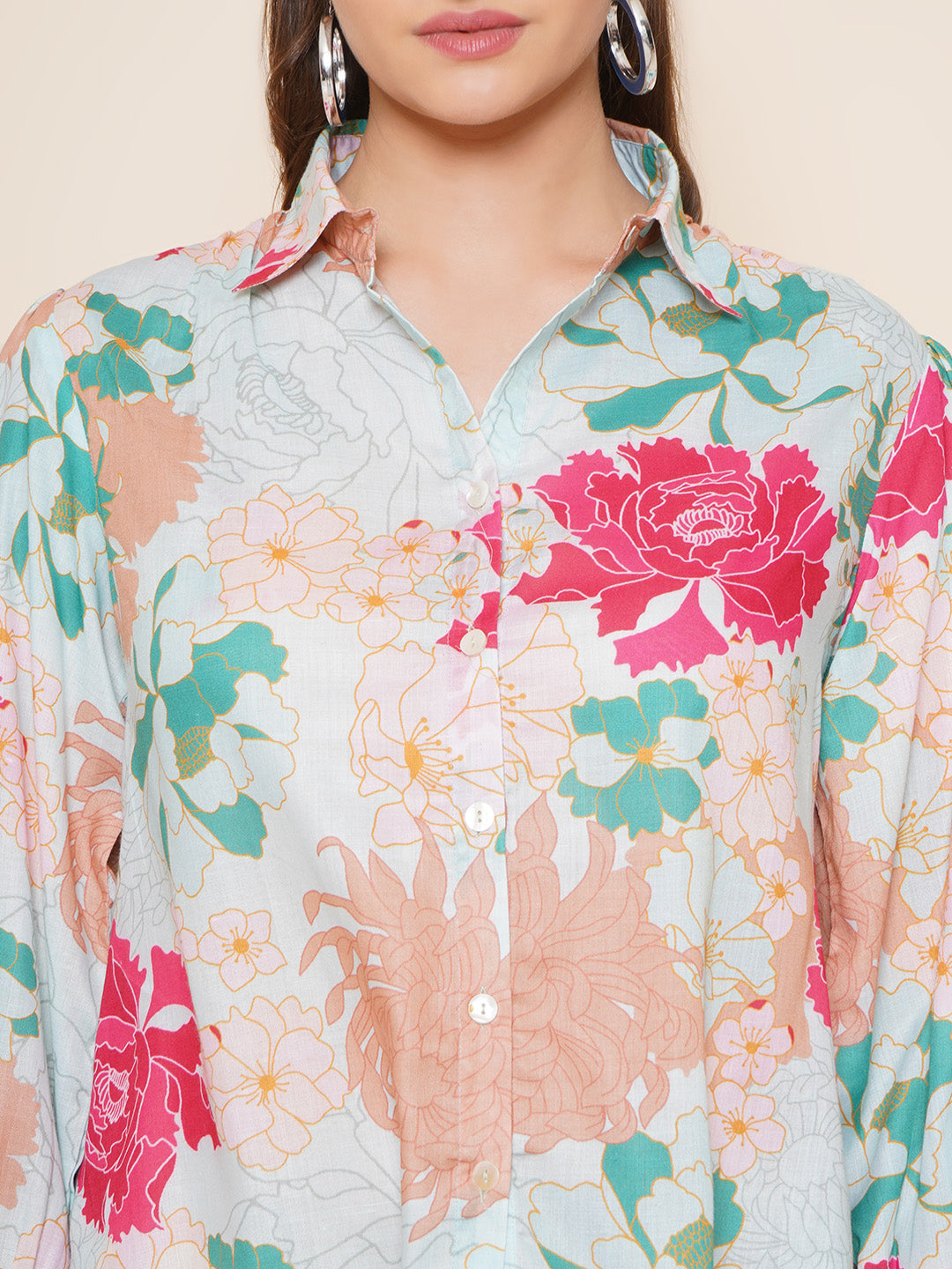 Bhama Couture Sea Green Multi Printed Shirt Style Top