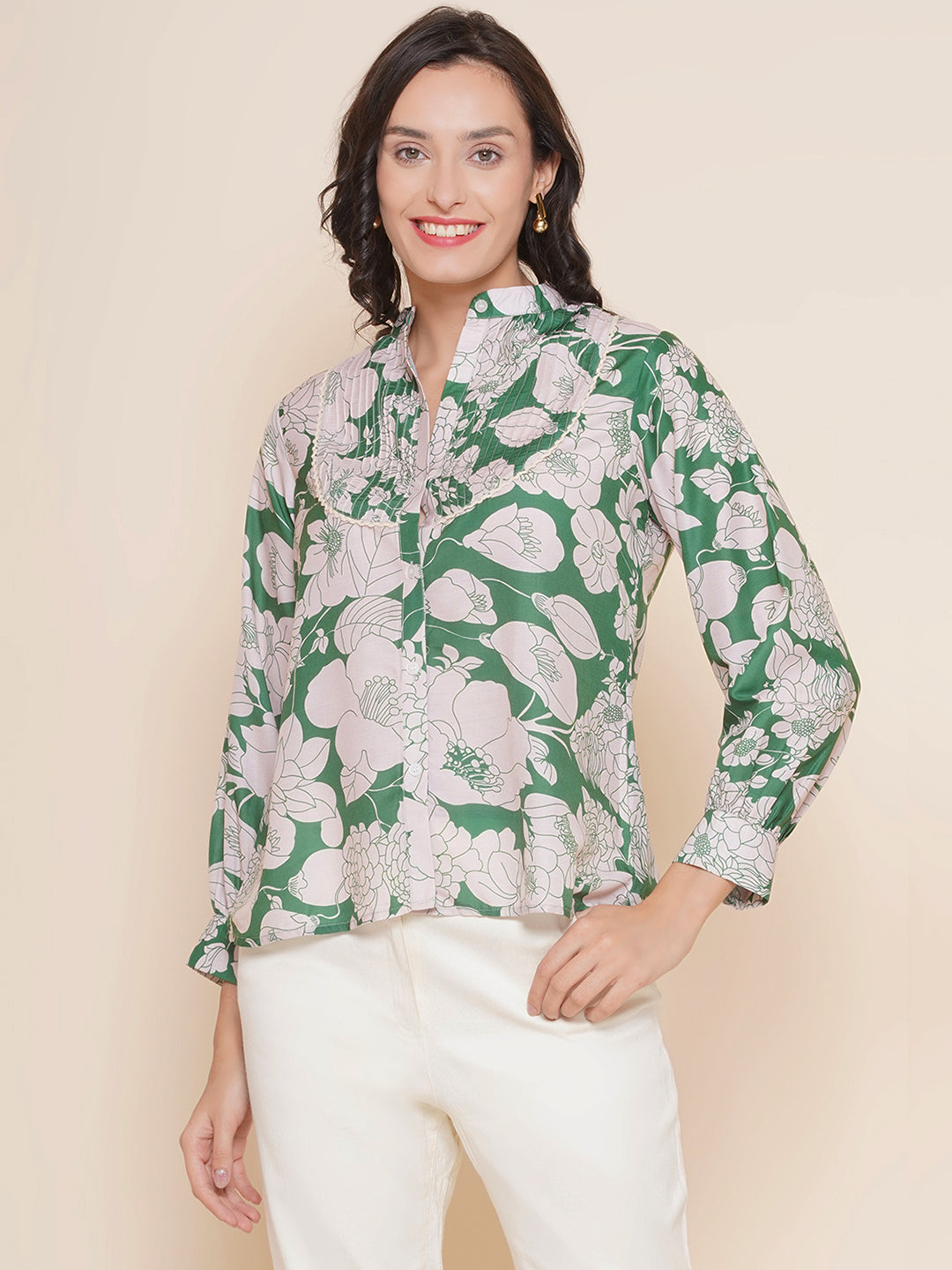 Bhama Couture Green & Off White Printed Shirt Style Top