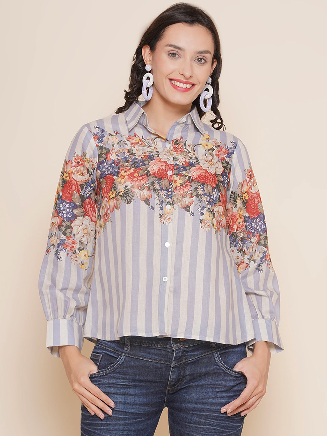Bhama Couture Grey Floral Printed Shirt Style Top