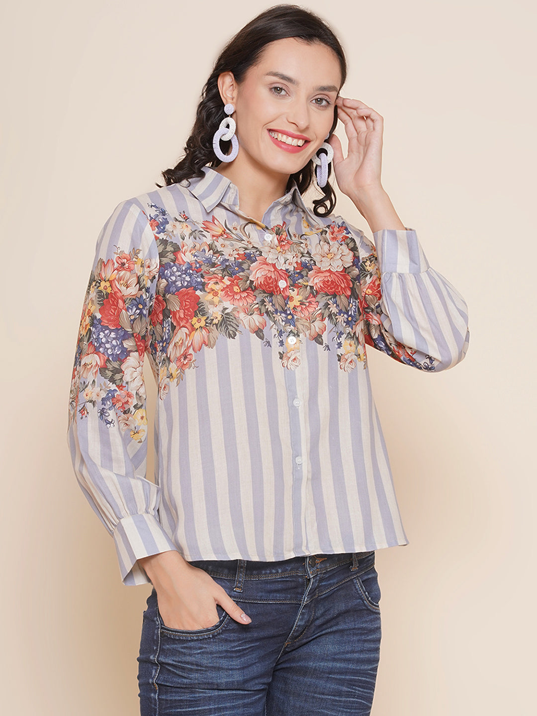 Bhama Couture Grey Floral Printed Shirt Style Top