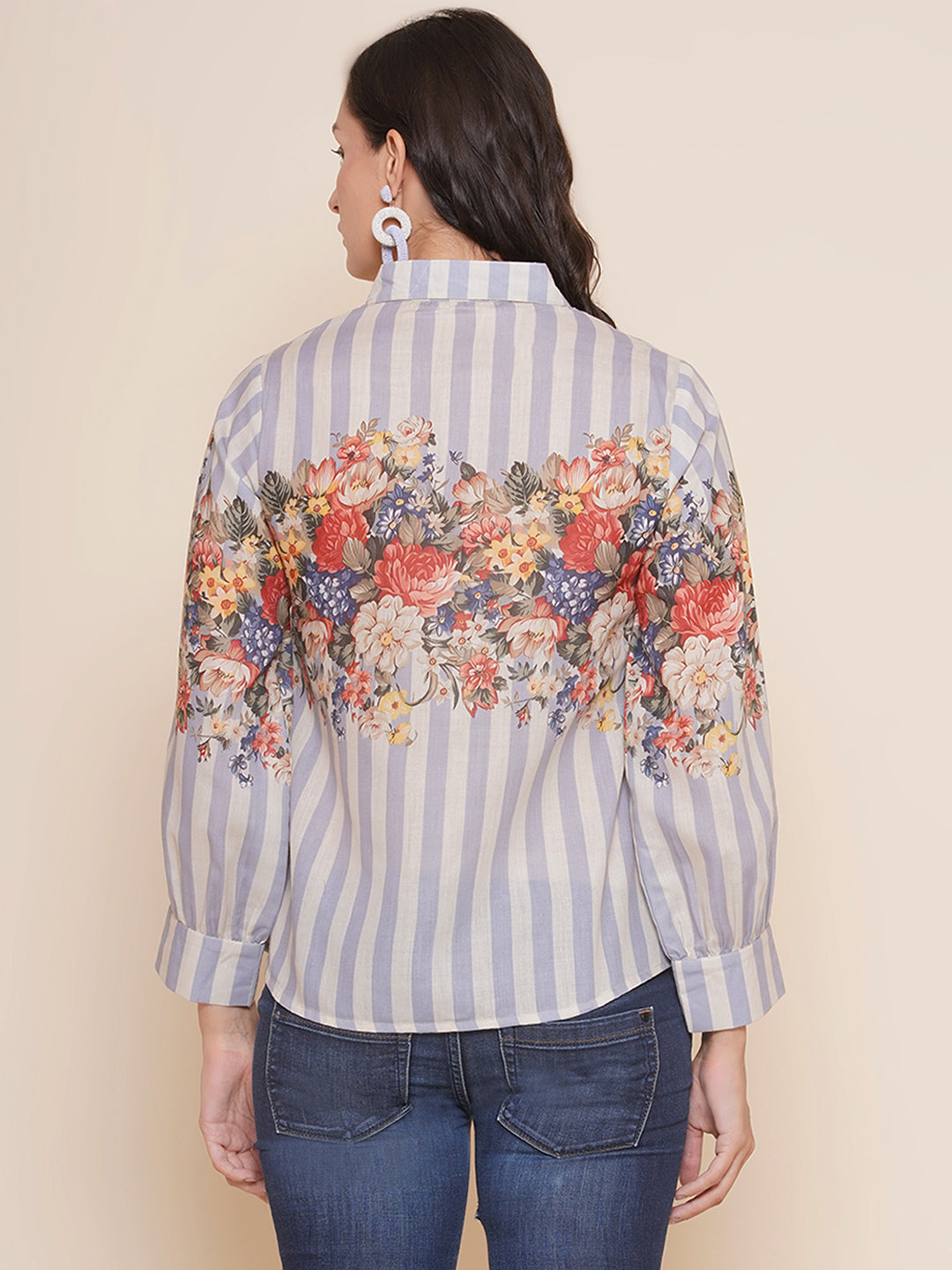 Bhama Couture Grey Floral Printed Shirt Style Top
