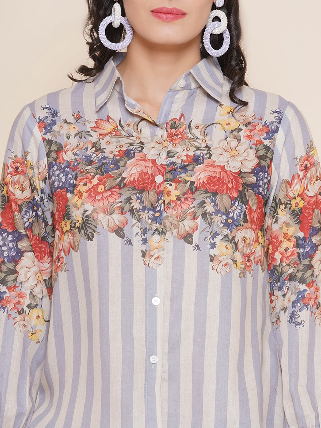 Bhama Couture Grey Floral Printed Shirt Style Top