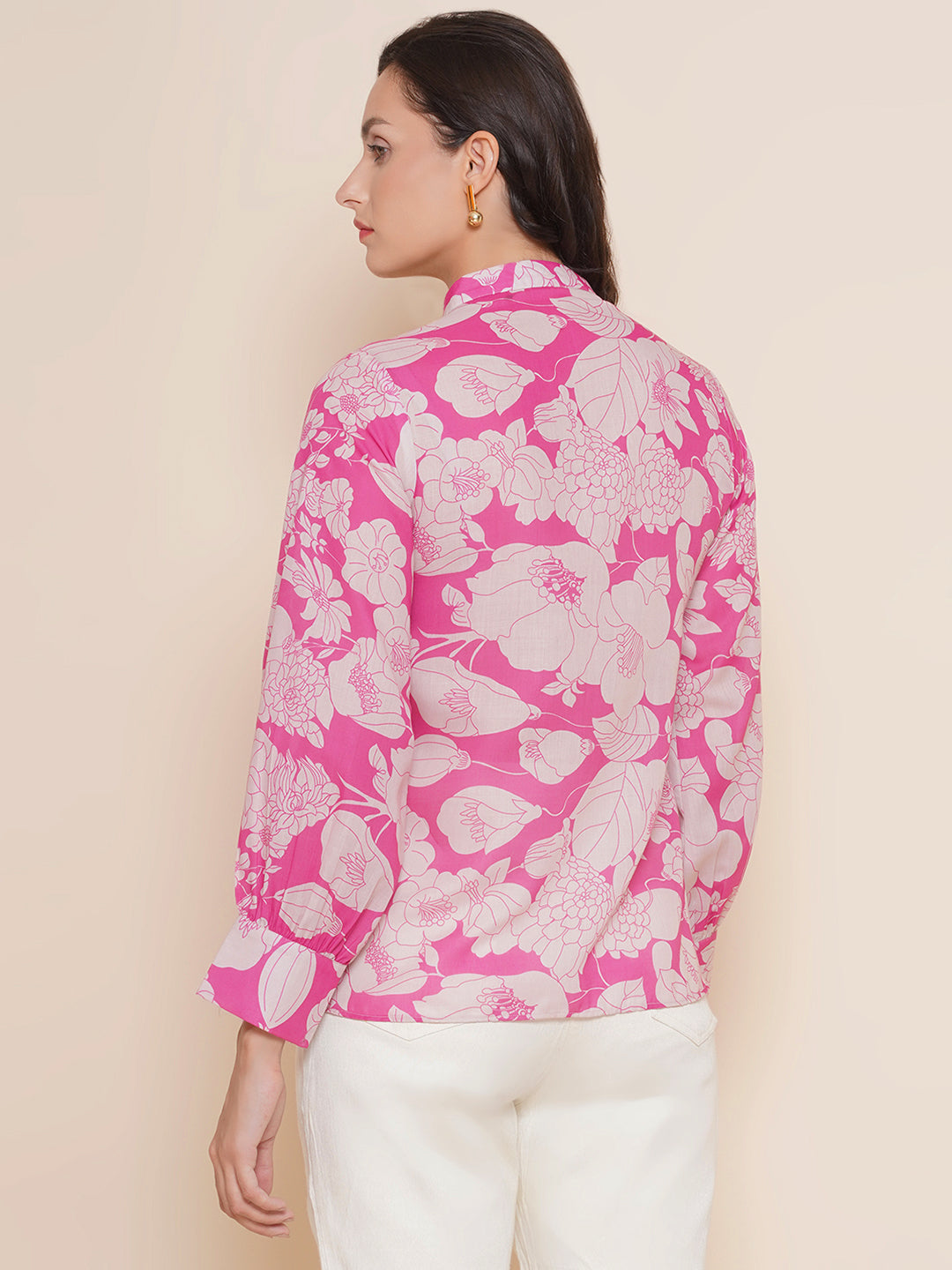 Bhama Couture Pink & Off White Printed Shirt Style Top