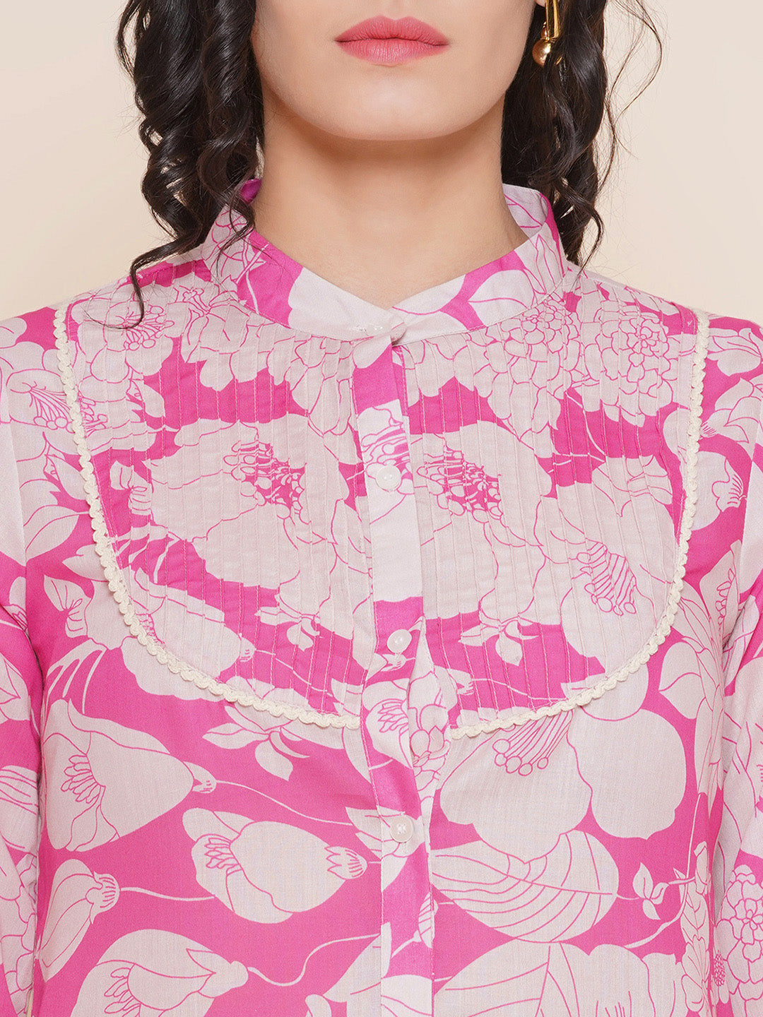 Bhama Couture Pink & Off White Printed Shirt Style Top