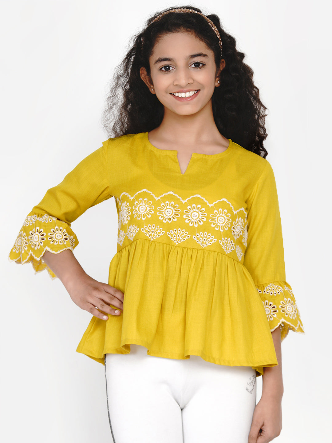 Bitiya by Bhama Mustard Yellow Embroidered Top