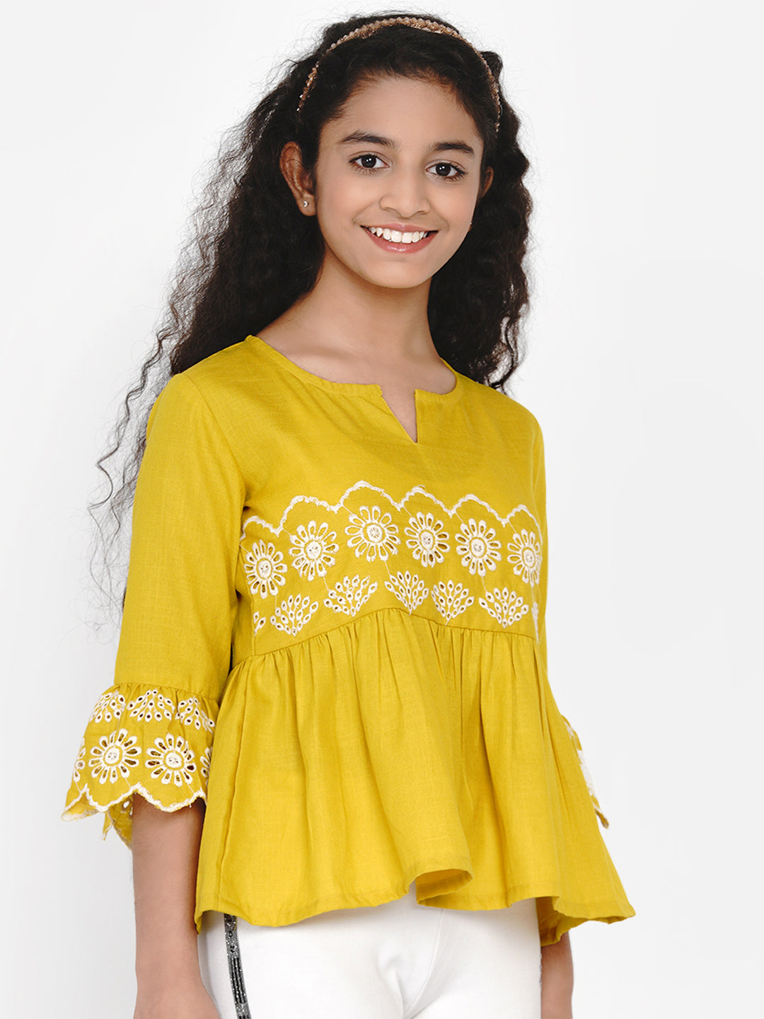 Bitiya by Bhama Mustard Yellow Embroidered Top
