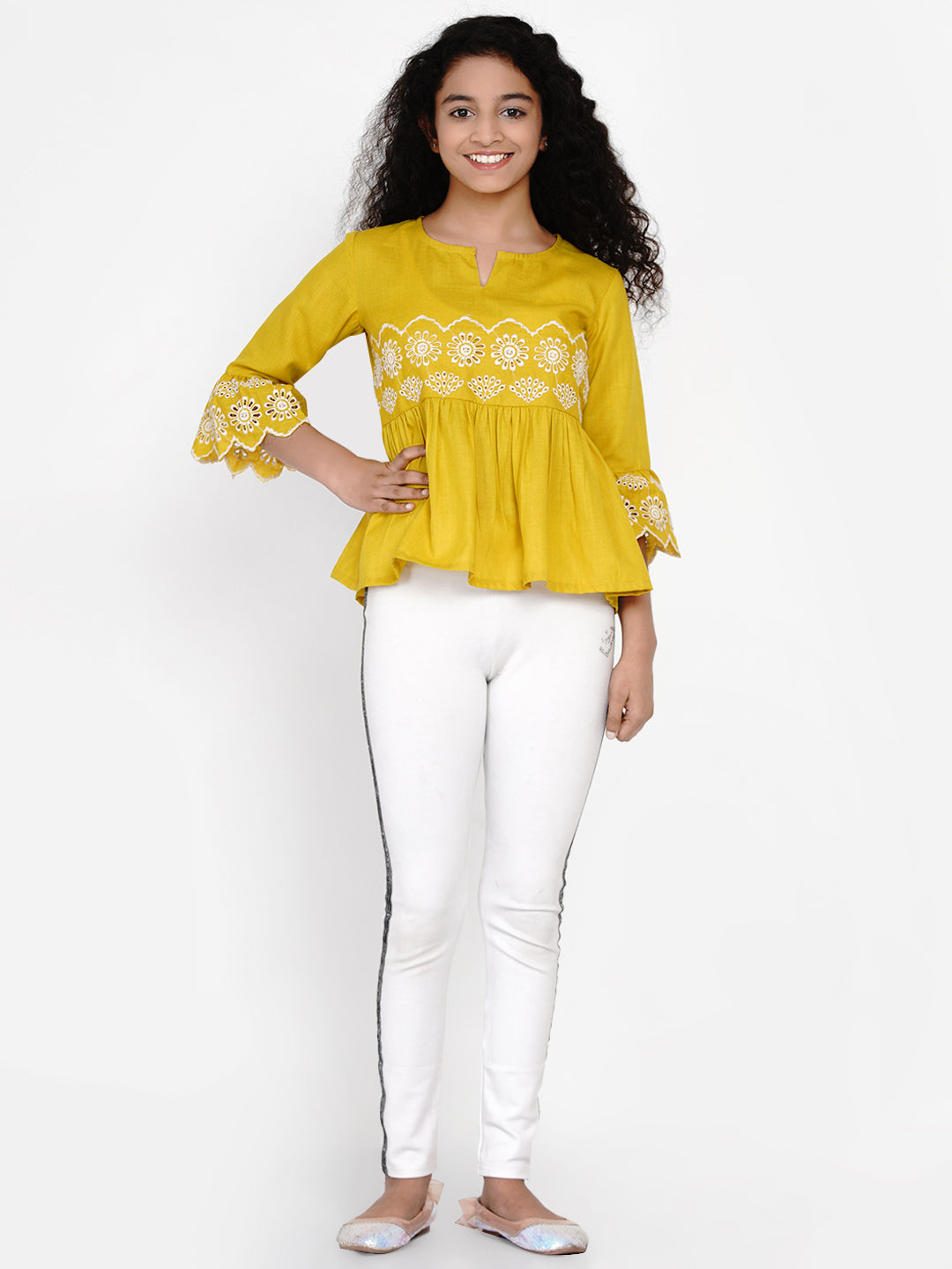 Bitiya by Bhama Mustard Yellow Embroidered Top