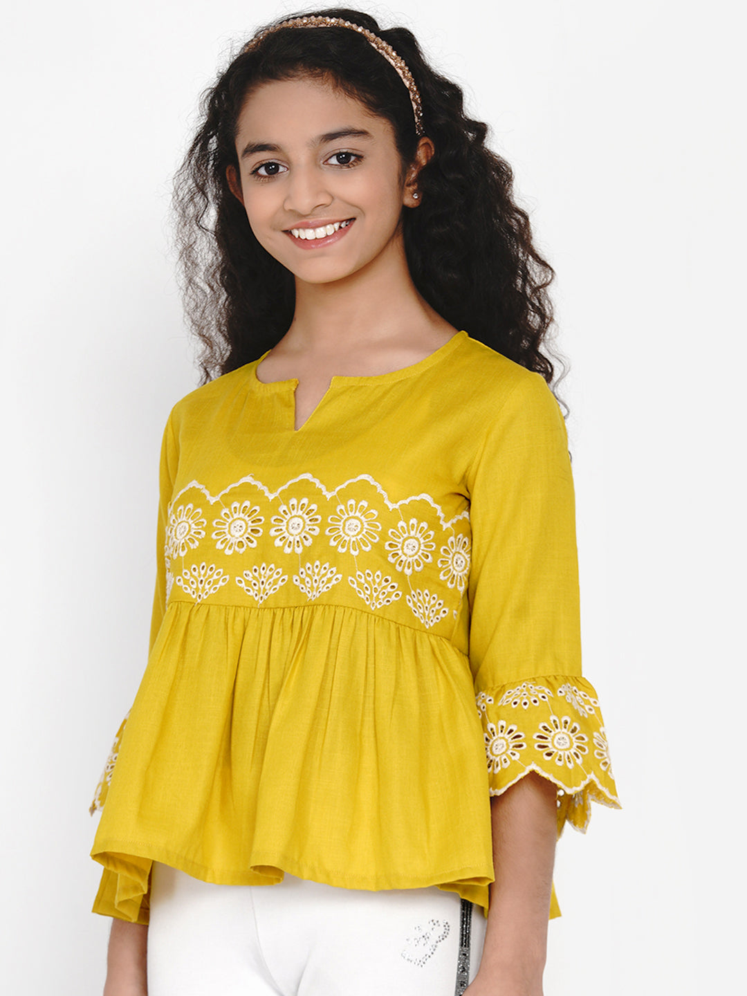 Bitiya by Bhama Mustard Yellow Embroidered Top