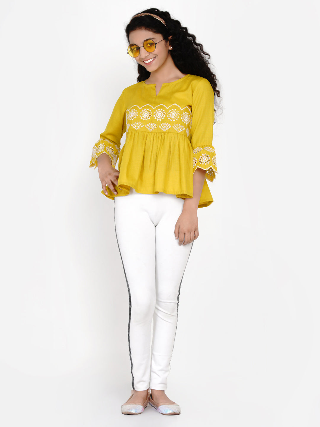 Bitiya by Bhama Mustard Yellow Embroidered Top