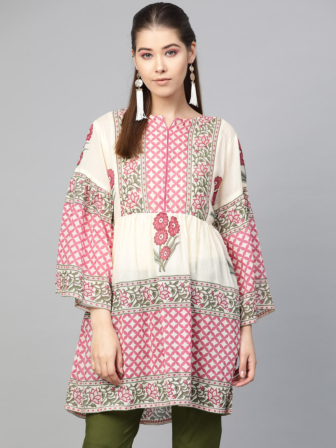 Bhama Cuture Beige & Pink Printed Tunic