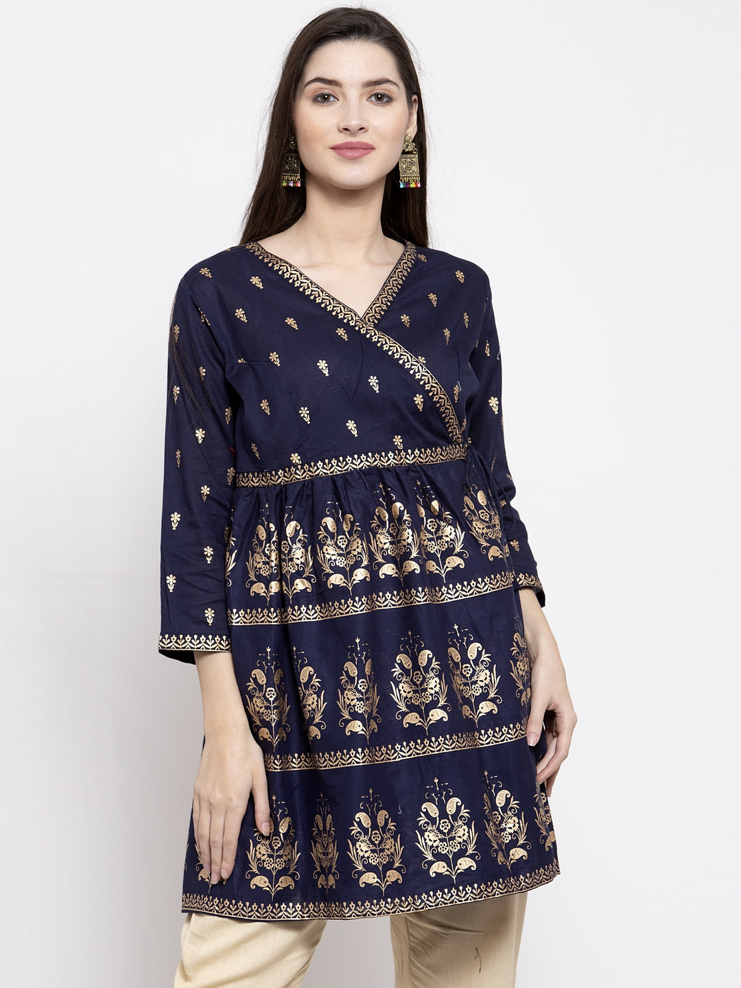 Bhama Cuture Navy Blue & Golden Foil Printed Tunic