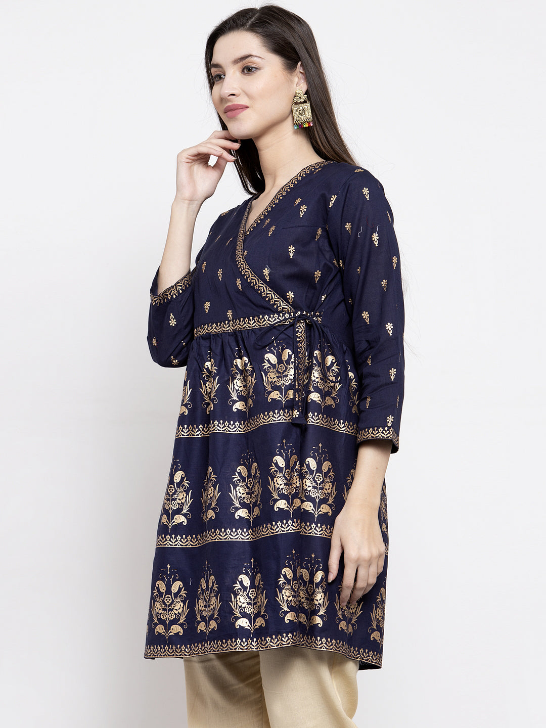 Bhama Cuture Navy Blue & Golden Foil Printed Tunic