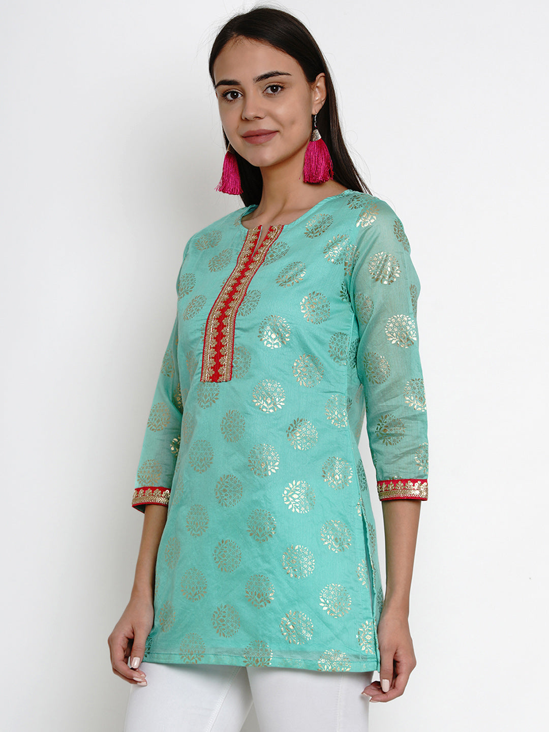 Bhama Cuture Green Woven Design Tunic