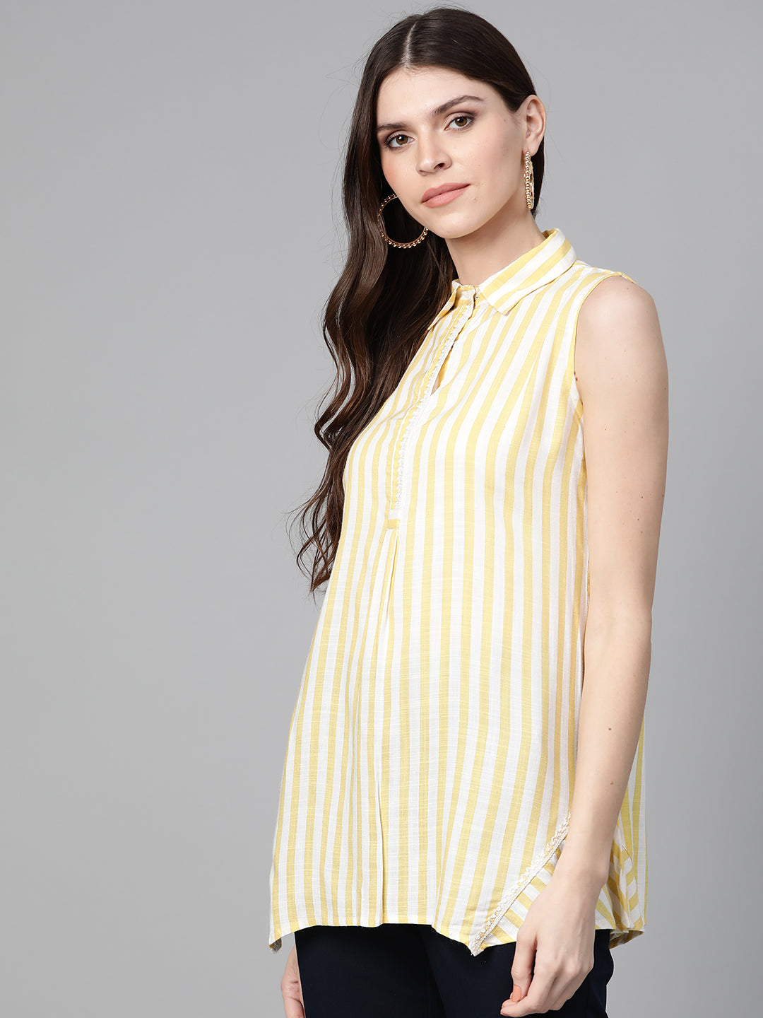Bhama Cuture Yellow & Off-White Striped Shirt Tunic