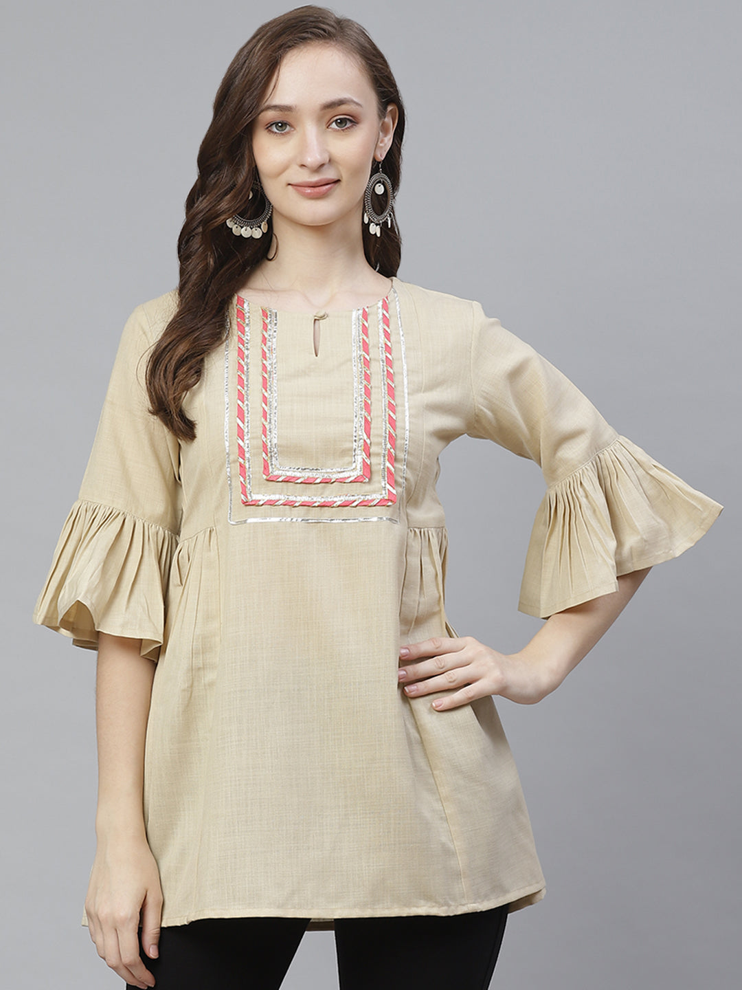 Bhama Couture Beige Tunic With Peach Lace Detailing