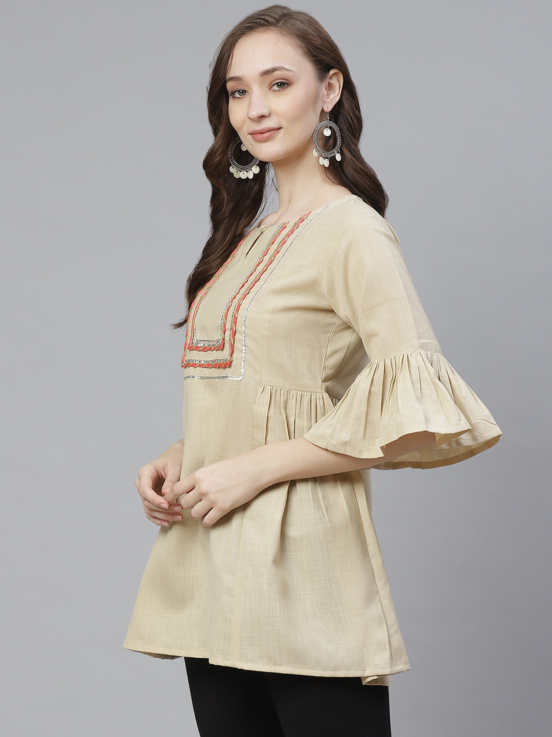 Bhama Couture Beige Tunic With Peach Lace Detailing