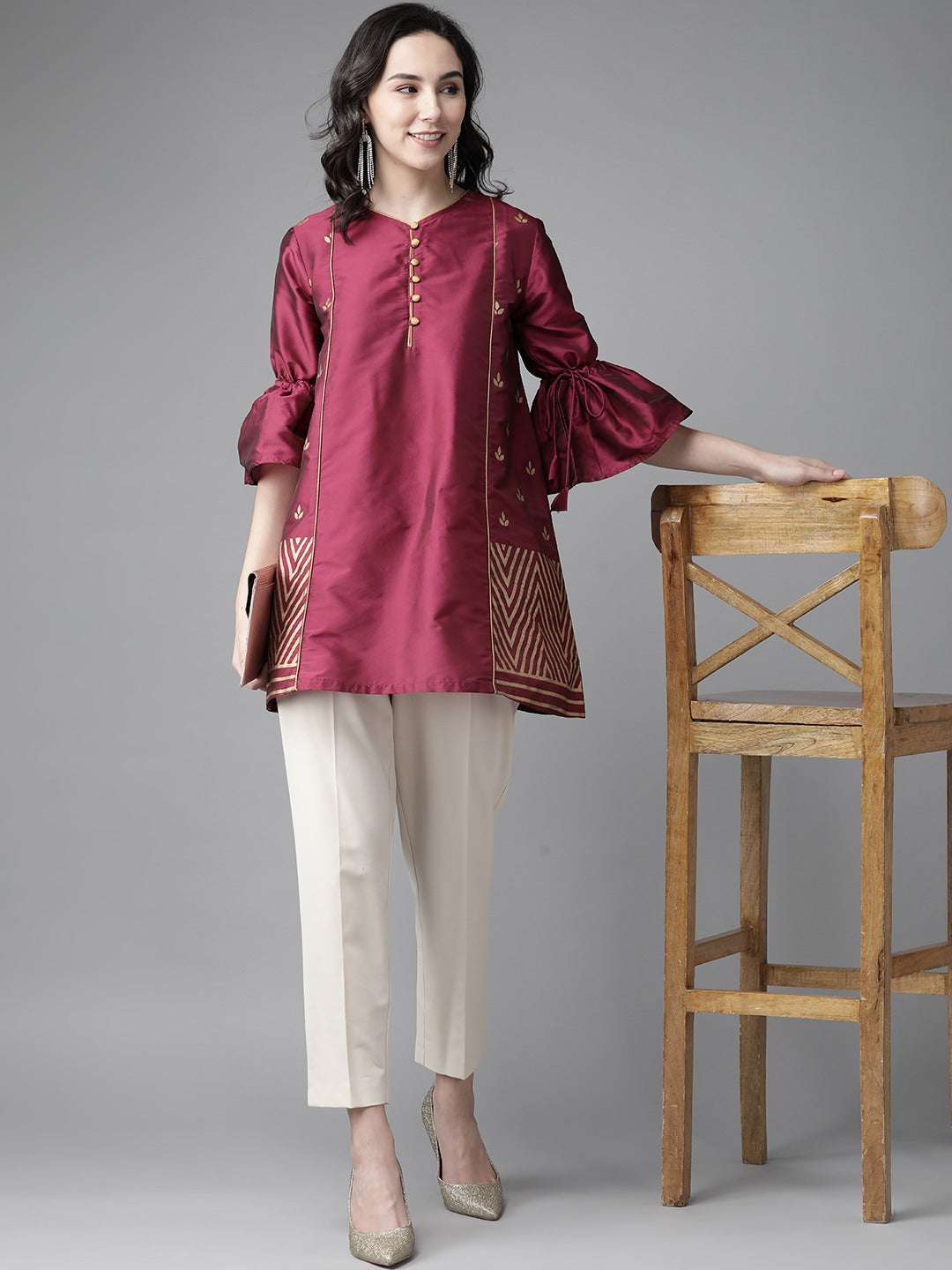 Bhama Couture Women Magenta & Golden Silk Printed Tunic