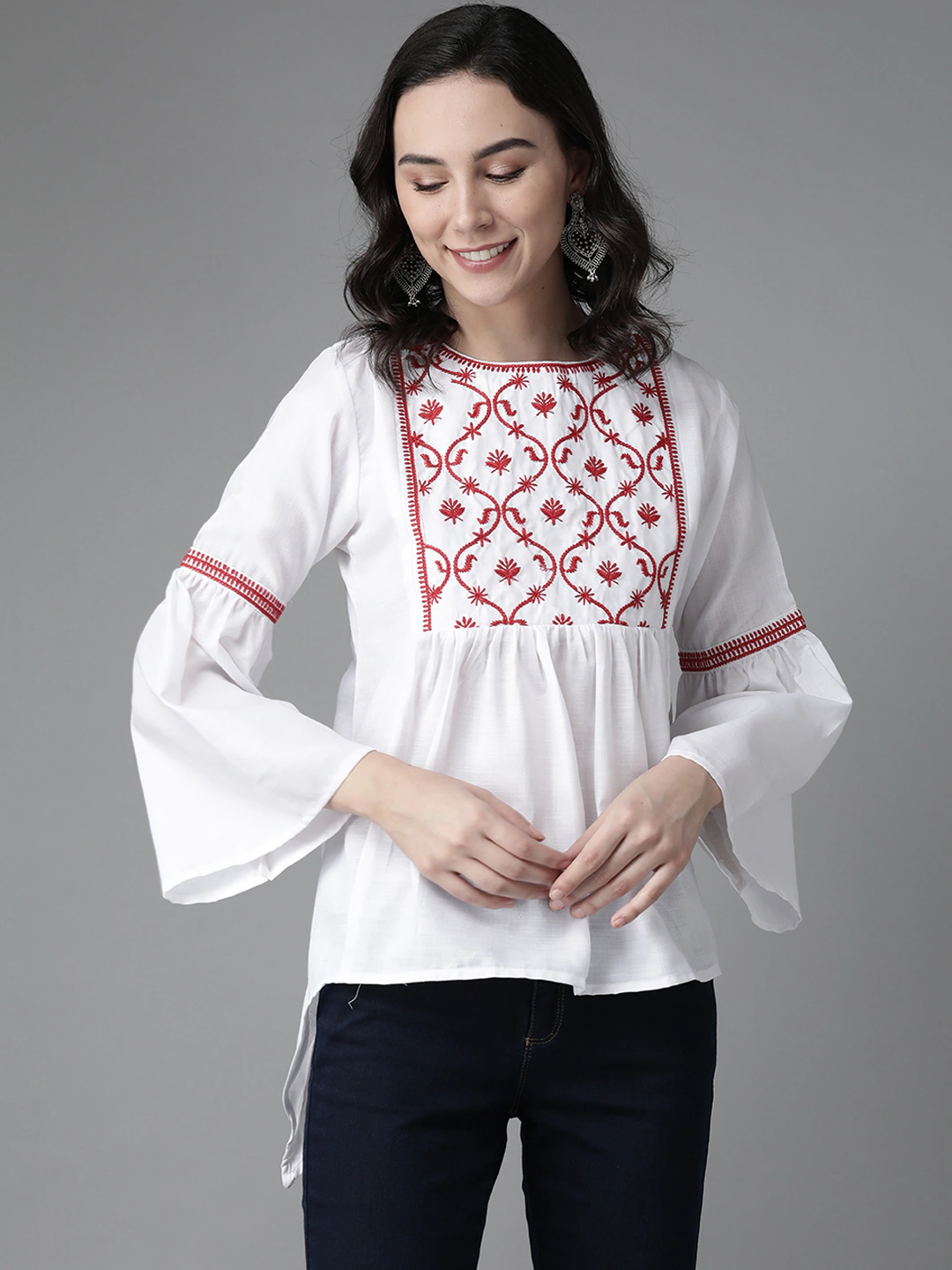 Bhama Cuture White & Red Embroidered Tunic