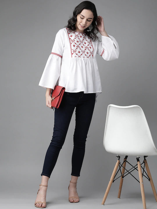 Bhama Cuture White & Red Embroidered Tunic