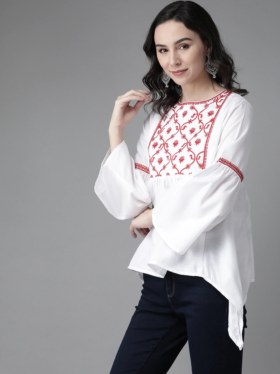 Bhama Cuture White & Red Embroidered Tunic