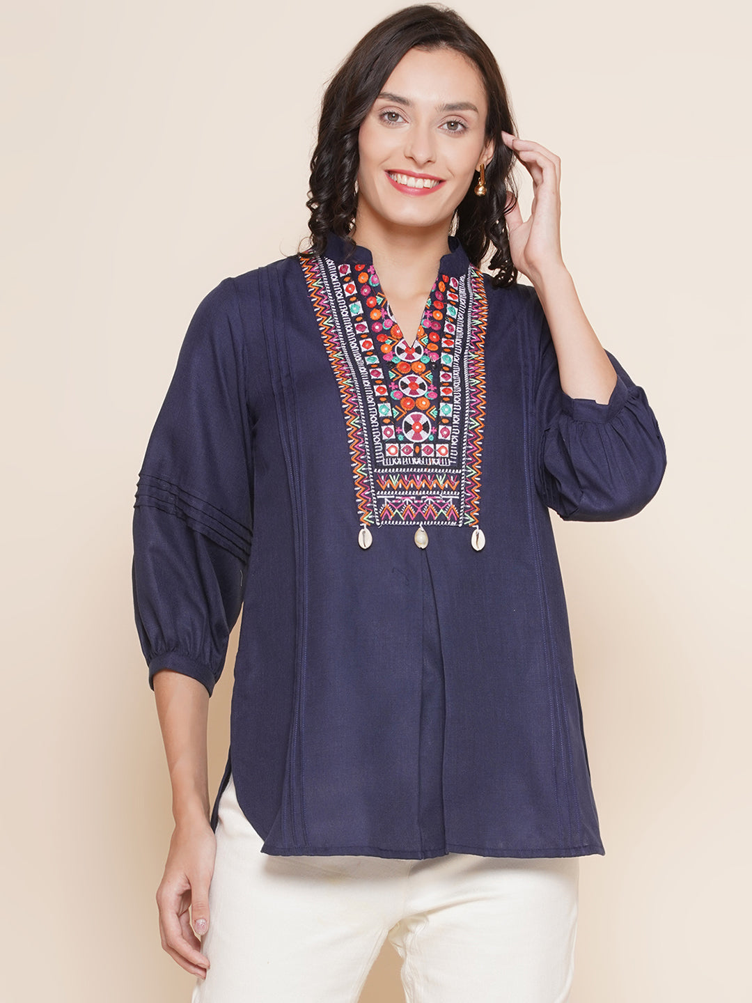 Bhama Couture Navy Blue High Low Embroidered Tunic