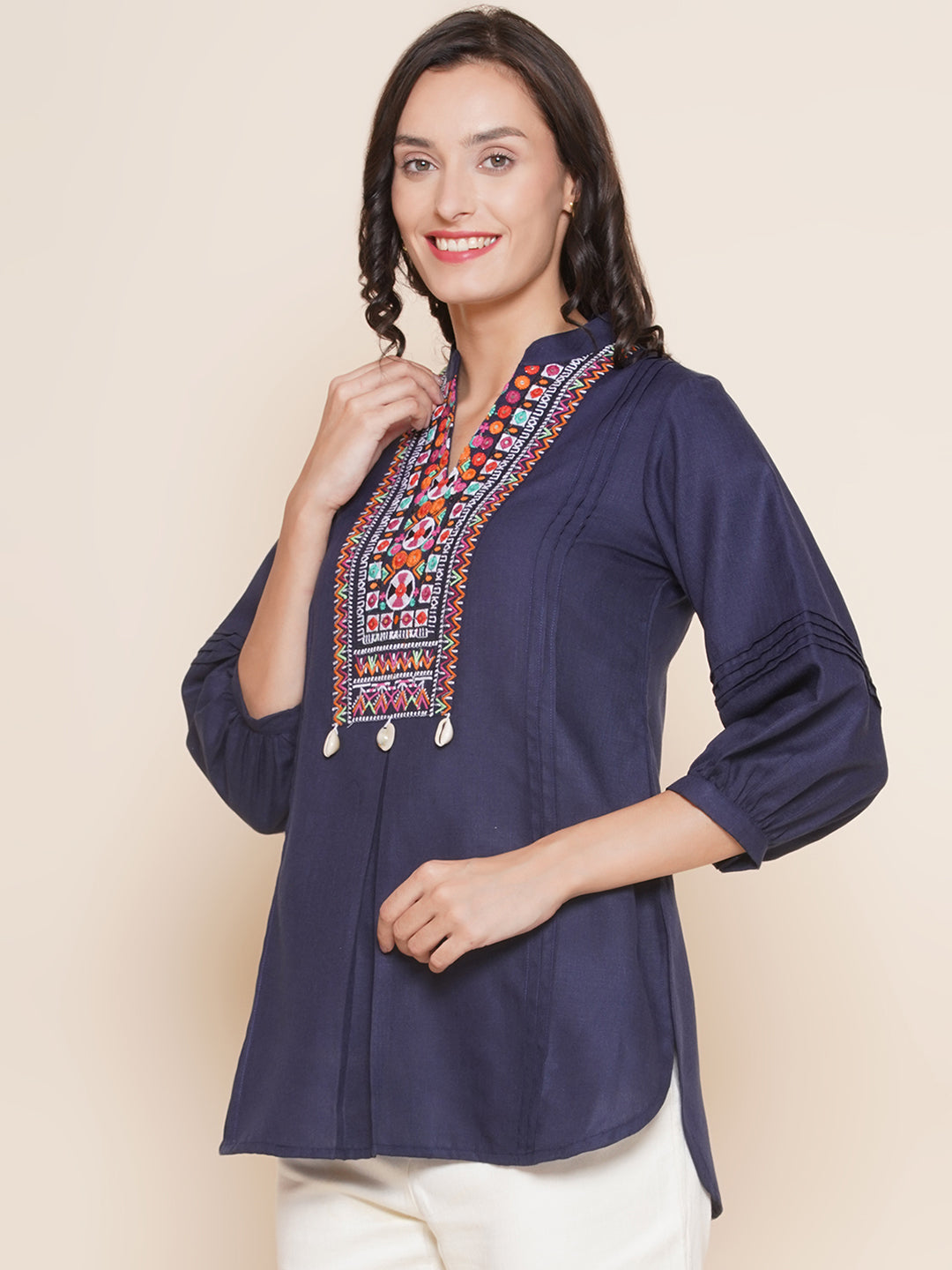 Bhama Couture Navy Blue High Low Embroidered Tunic