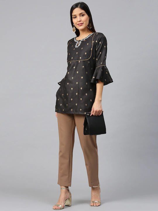 Bhama Couture Black & Golden Printed Pure Cotton Straight Tunic