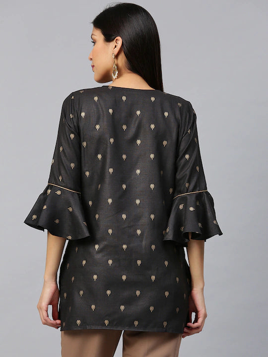 Bhama Couture Black & Golden Printed Pure Cotton Straight Tunic