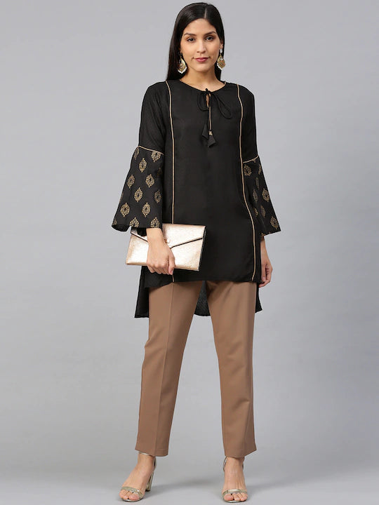 Bhama Cuture Black Self-Design A-Line High-Low Tunic