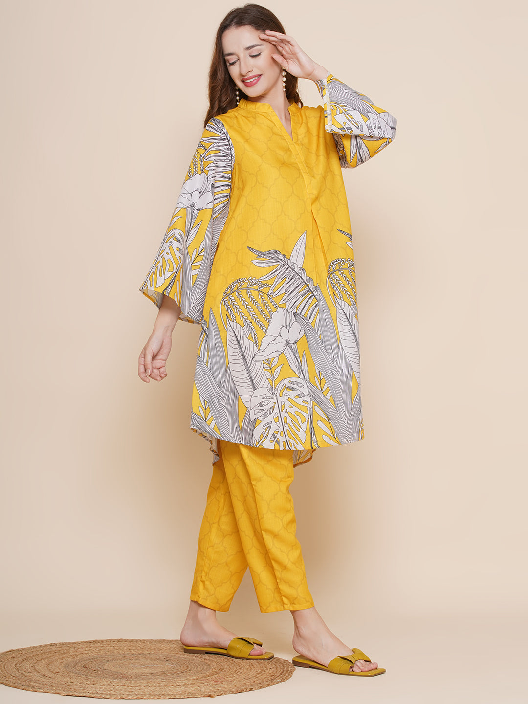Yellow Floral Print A-line kurta with Yellow Printed Palazzos