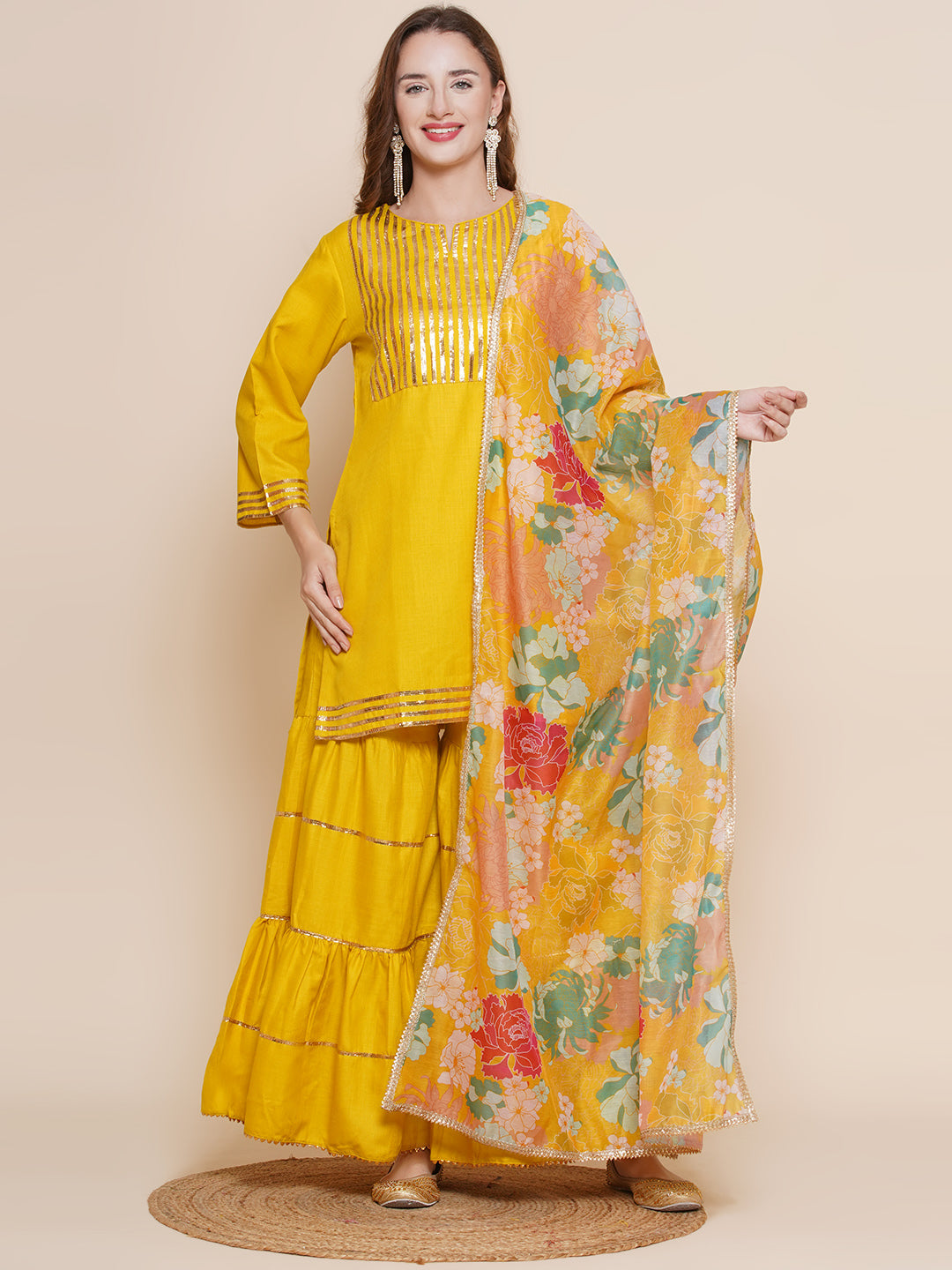 Mustard Yellow gotta work Kurta with Sharara & Floral print Dupatta