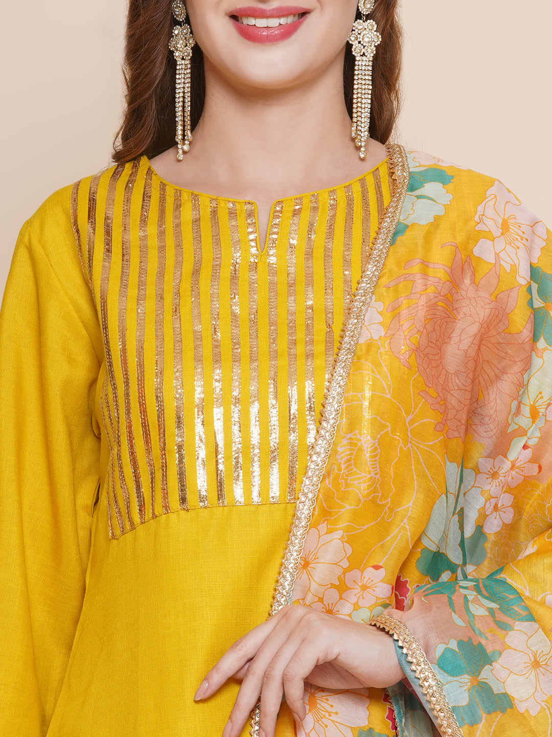Mustard Yellow gotta work Kurta with Sharara & Floral print Dupatta