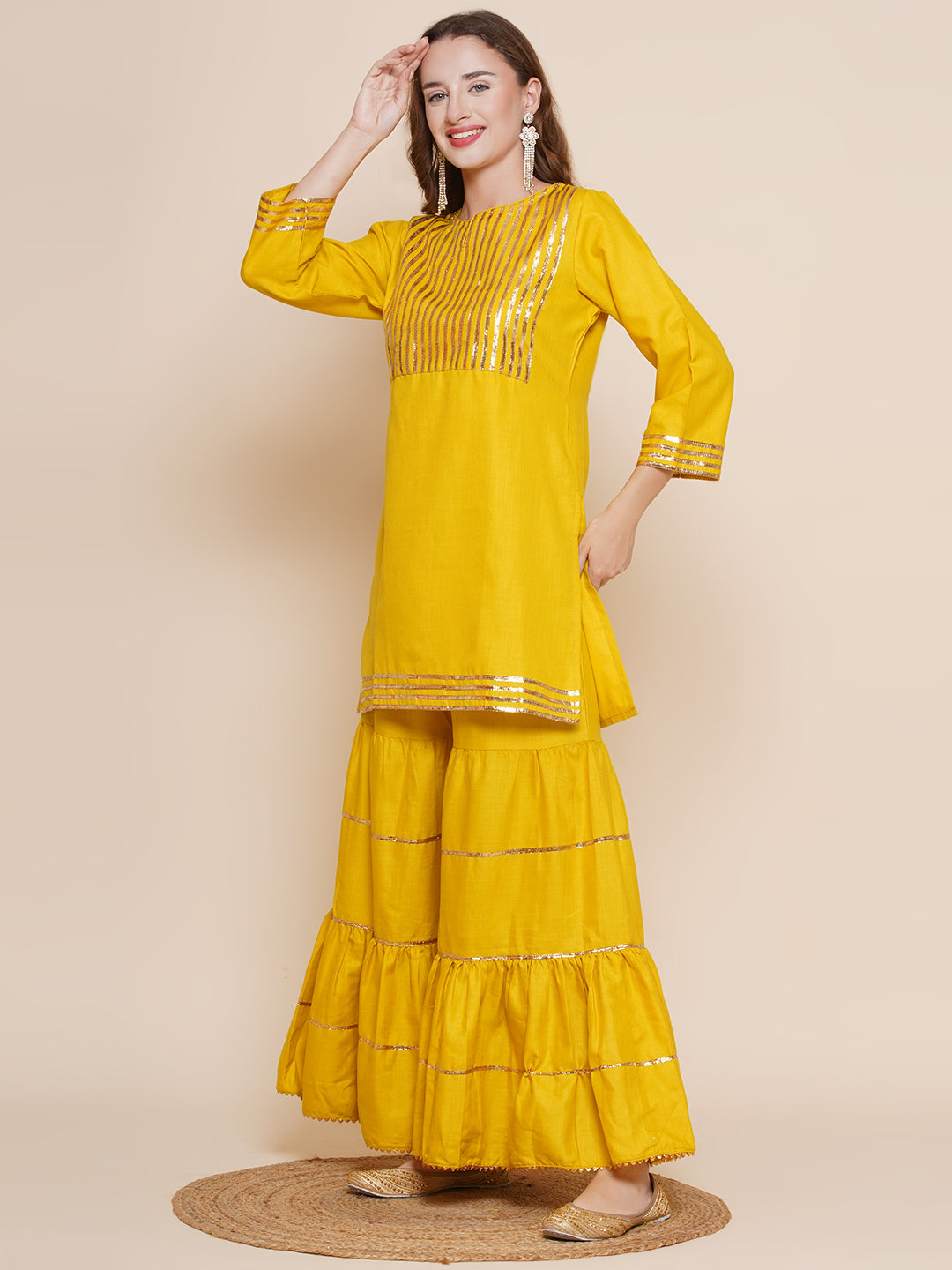 Mustard Yellow gotta work Kurta with Sharara & Floral print Dupatta