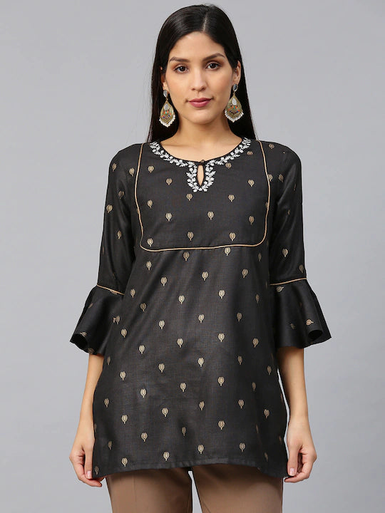 Bhama Couture Black & Golden Printed Pure Cotton Straight Tunic
