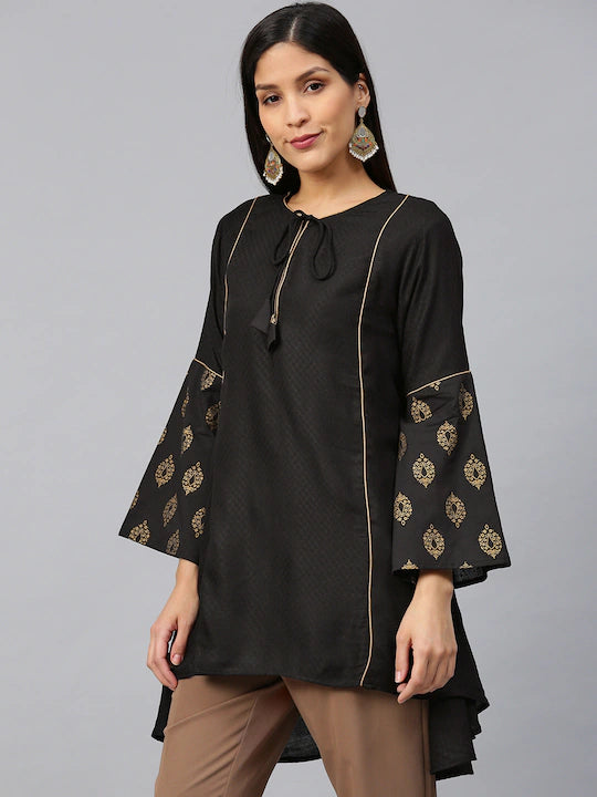 Bhama Cuture Black Self-Design A-Line High-Low Tunic